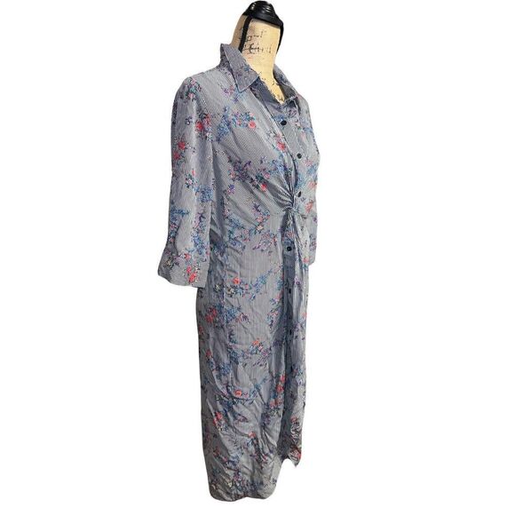 Suzanne Betro Long Sleeve Gray Striped Floral Design Waist Twist High Low Dress - Picture 6 of 11